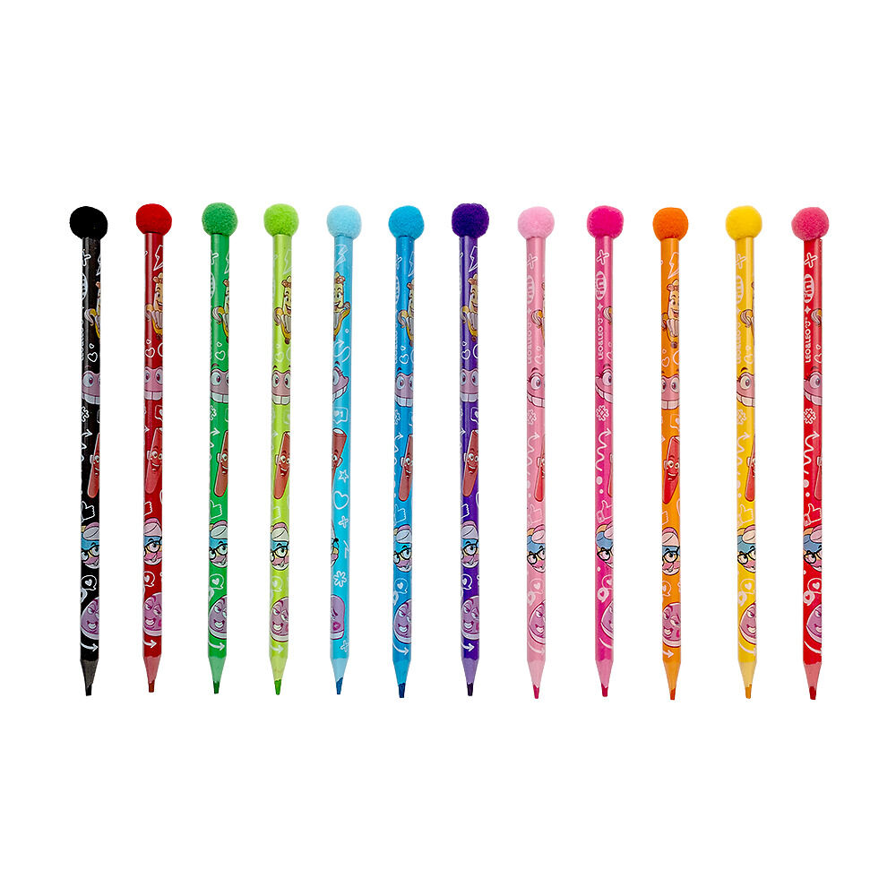 L&aacute;pis De Cor Triangular Com Pompom Pote com 12 Unid - Fini