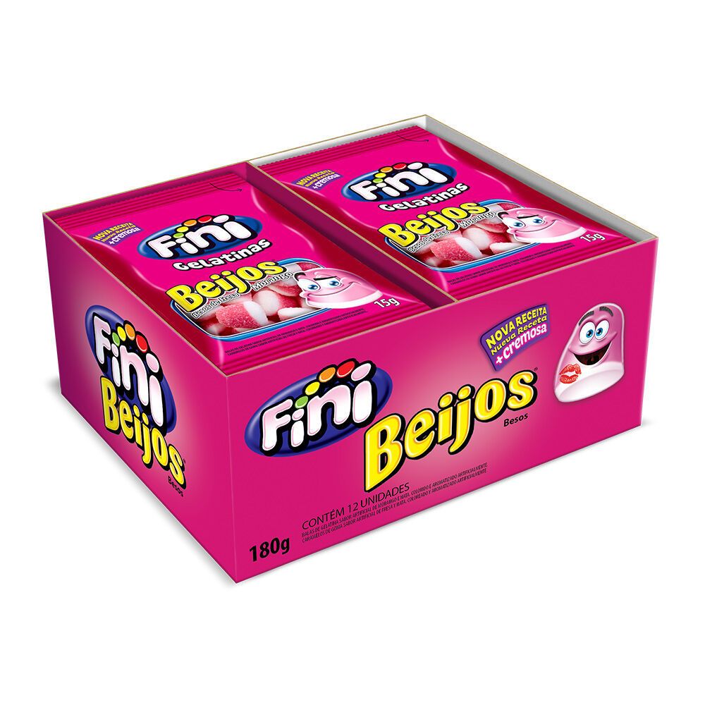 Mini Beijos de Morango com 12 pacotes de 15g cada - Fini